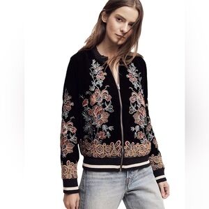 Anthropologie Hallie Embroidered Beaded Velvet Bomber Jacket Cropped Jacket M